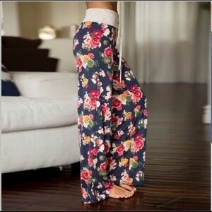 Floral Wide Leg Drawstring Lounge Pants Navy Soft Stretch Comfy Fit NWT